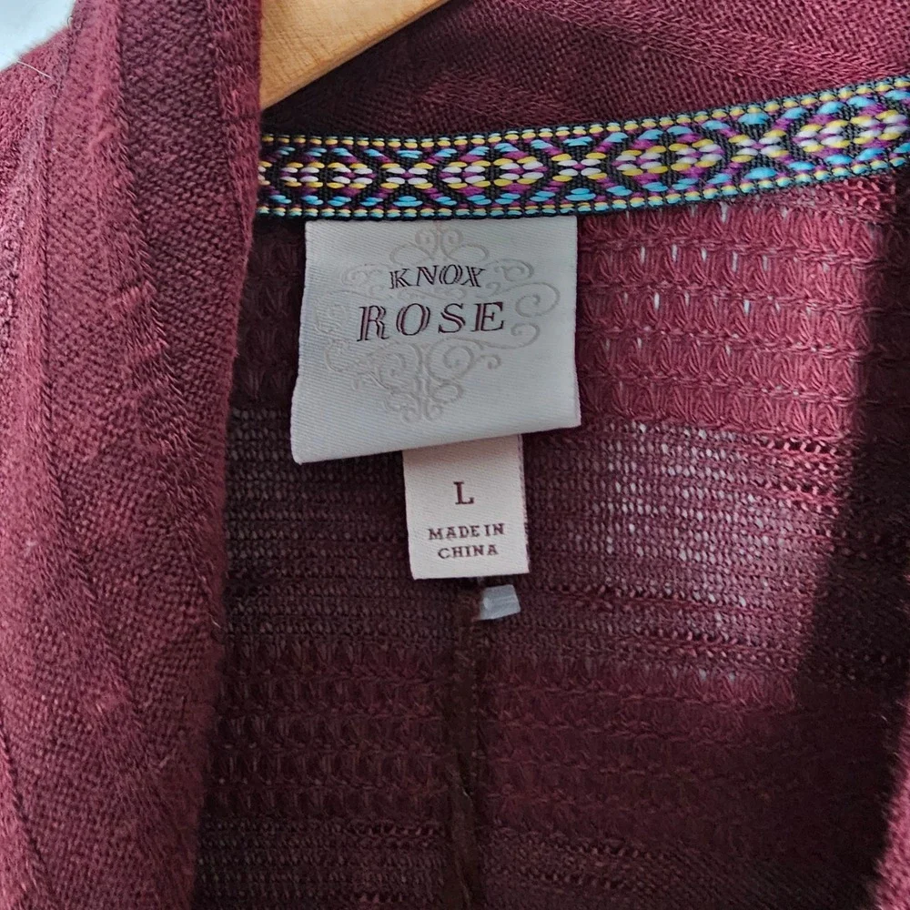 Knox Rose Womens L Bordeaux Open Front Cardigan Tassel Tie Boho NWT Burgundy